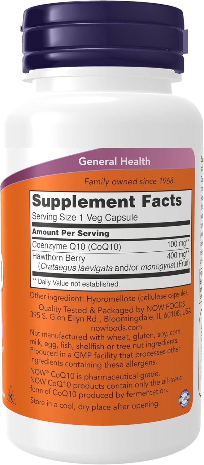 NOW Foods CoQ10 100 mg with Hawthorn Berry, Pharmaceutical Grade, All-Trans Form, 90 Veg Capsules