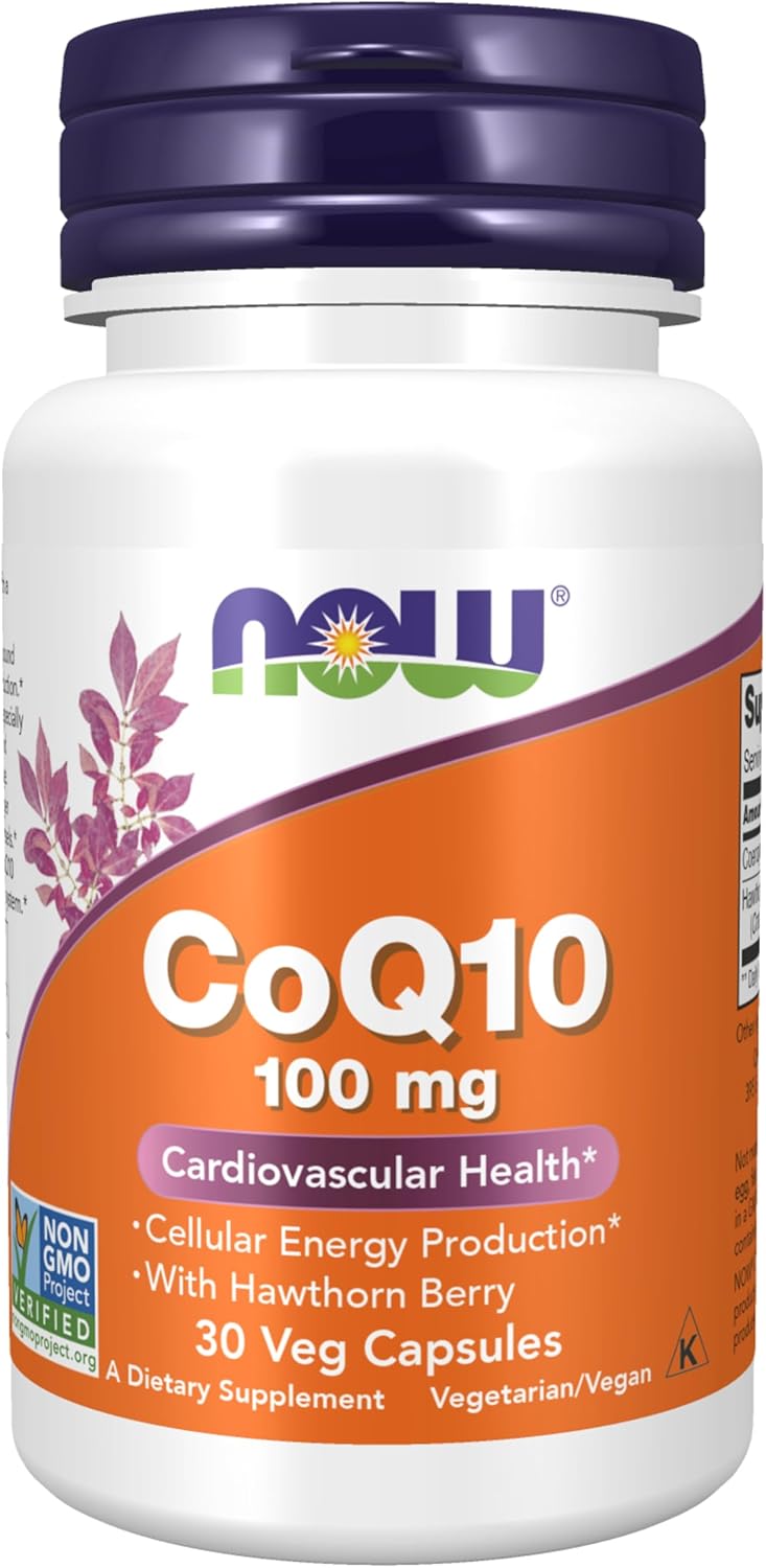 NOW Foods CoQ10 100 mg with Hawthorn Berry Veg Capsules - Pharmaceutical Grade, All-Trans Form - 30 Count