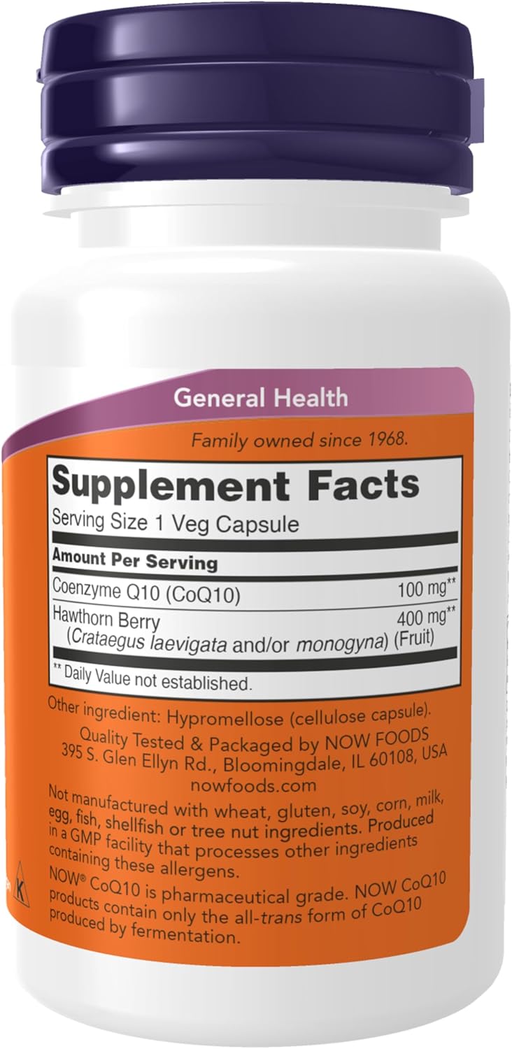 NOW Foods CoQ10 100 mg with Hawthorn Berry Veg Capsules - Pharmaceutical Grade, All-Trans Form - 30 Count