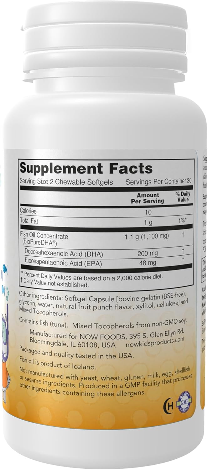 NOW Foods DHA Kids 100 mg Chewable Softgels for Brain Health - Fruit Flavor - 60 Count
