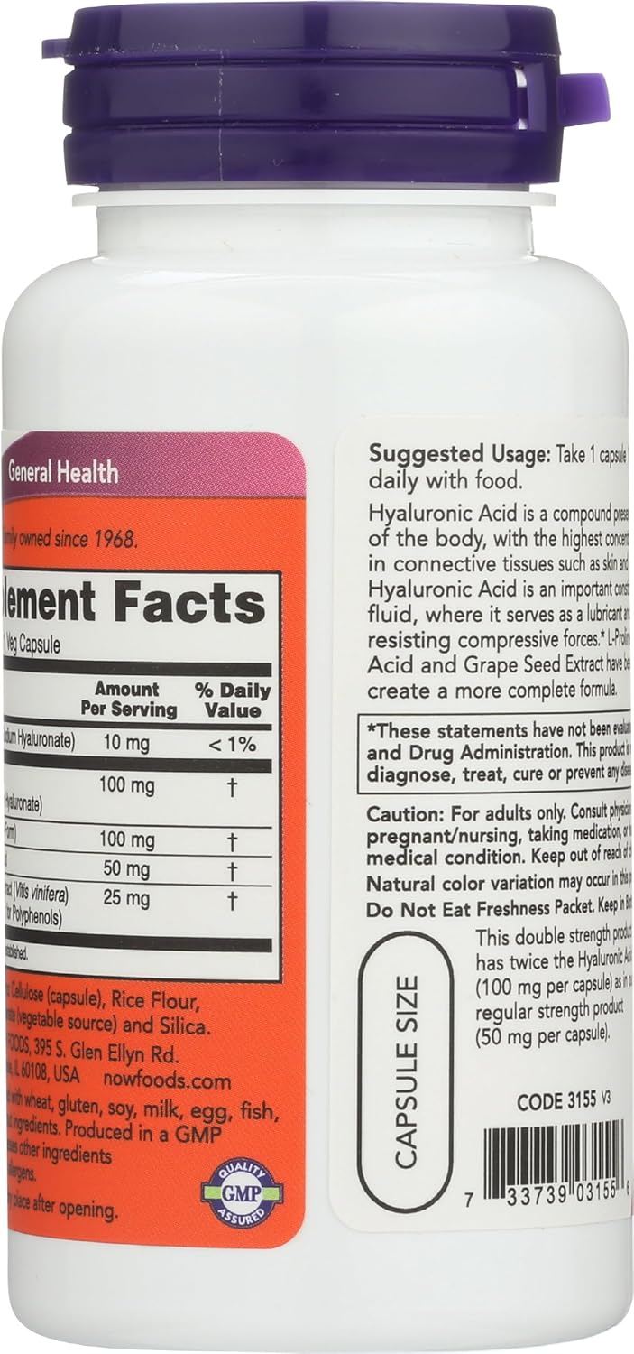 Now Foods Double Strength Hyaluronic Acid 100mg, 60 Vegetarian Capsules