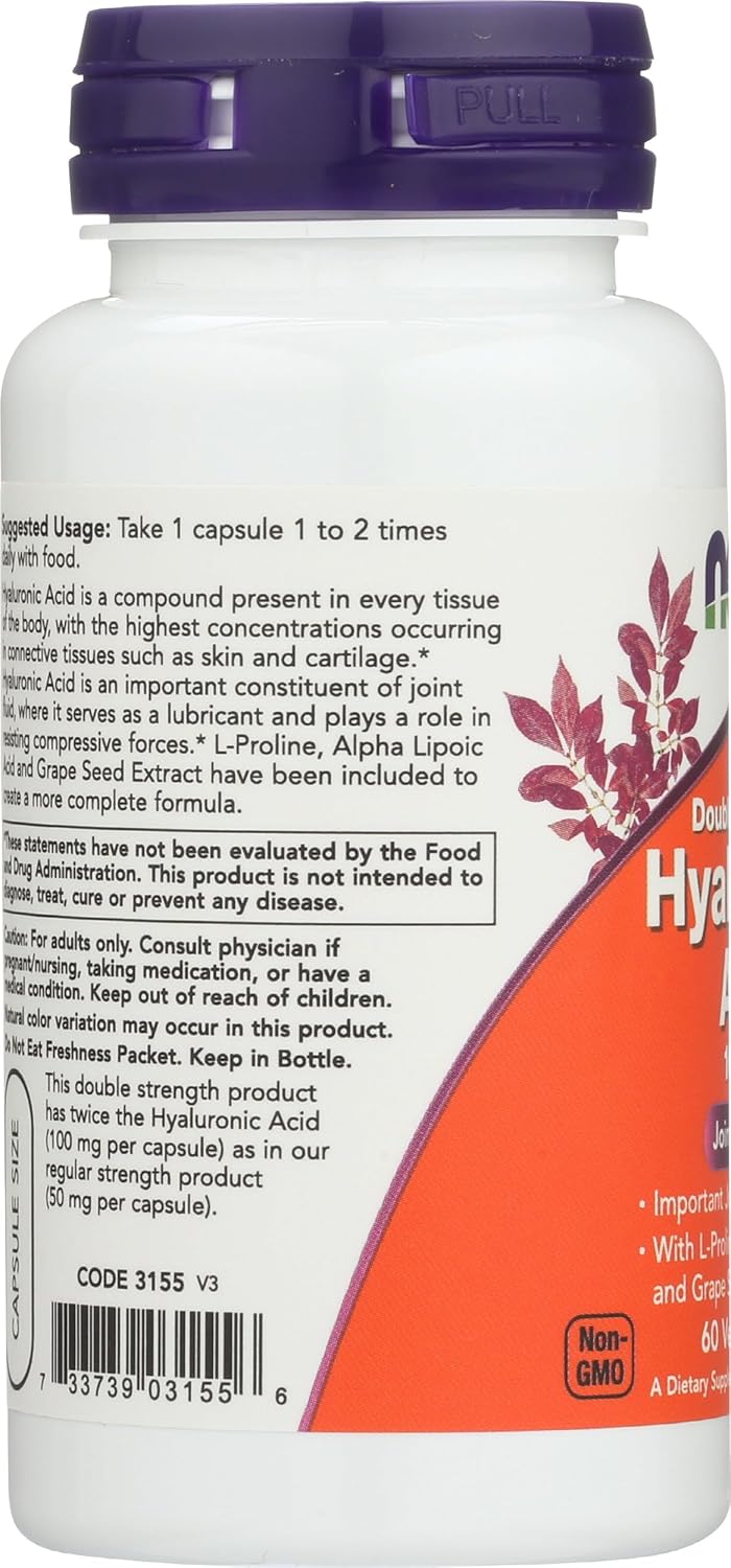 Now Foods Double Strength Hyaluronic Acid 100mg, 60 Vegetarian Capsules