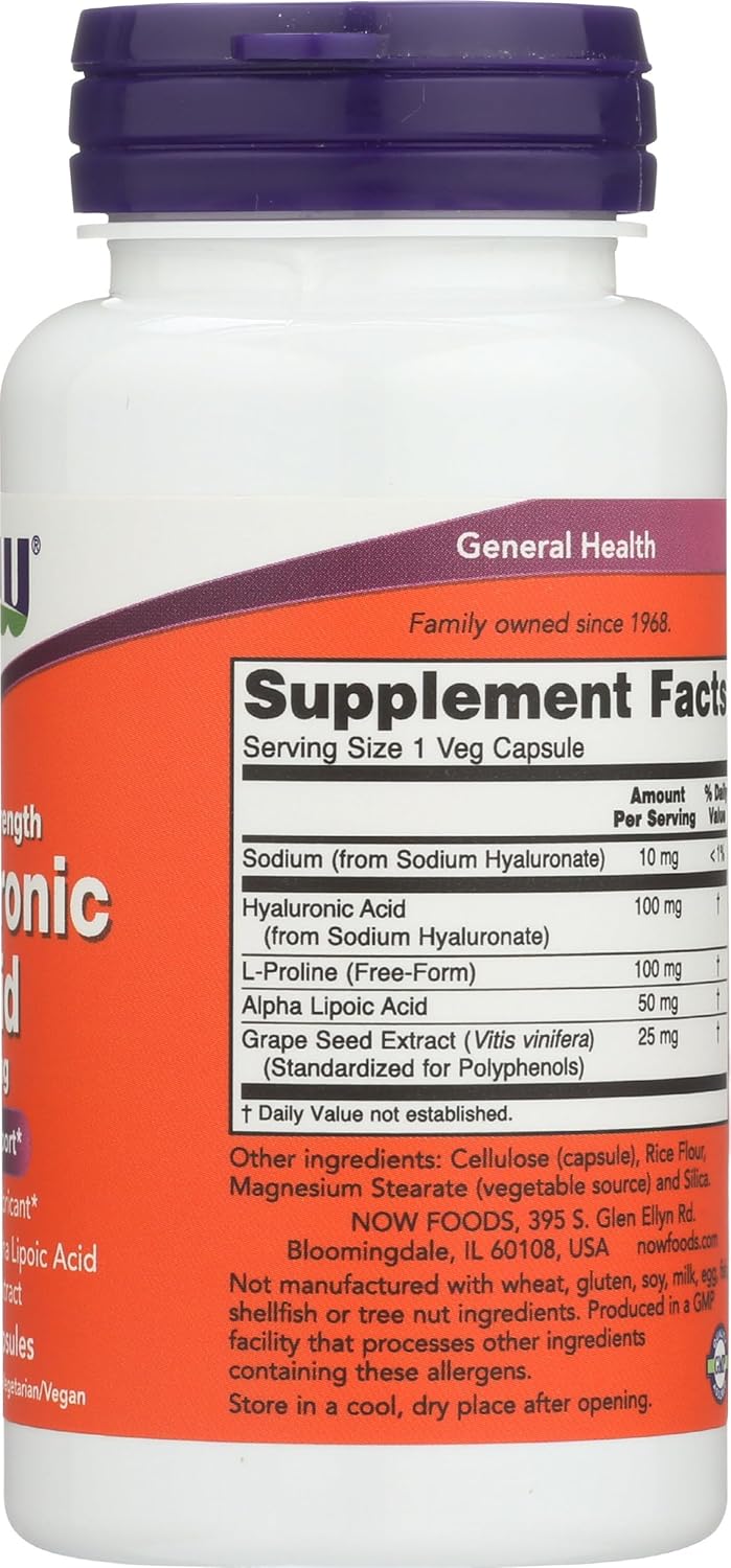 Now Foods Double Strength Hyaluronic Acid 100mg, 60 Vegetarian Capsules