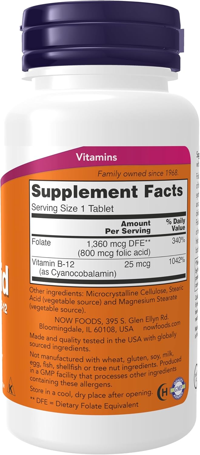 NOW Foods Folic Acid 800 mcg with B-12 (Cyanocobalamin) 25 mcg, B Complex Vitamin Tablets - 250 Count
