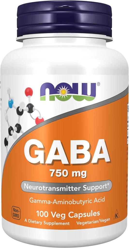 NOW Foods GABA 750mg Supplement for Neurotransmitter Support - 100 Veg Capsules