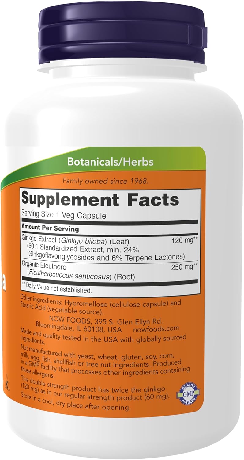 NOW Foods Ginkgo Biloba 120mg Double Strength Non-GMO 200 Veg Capsules