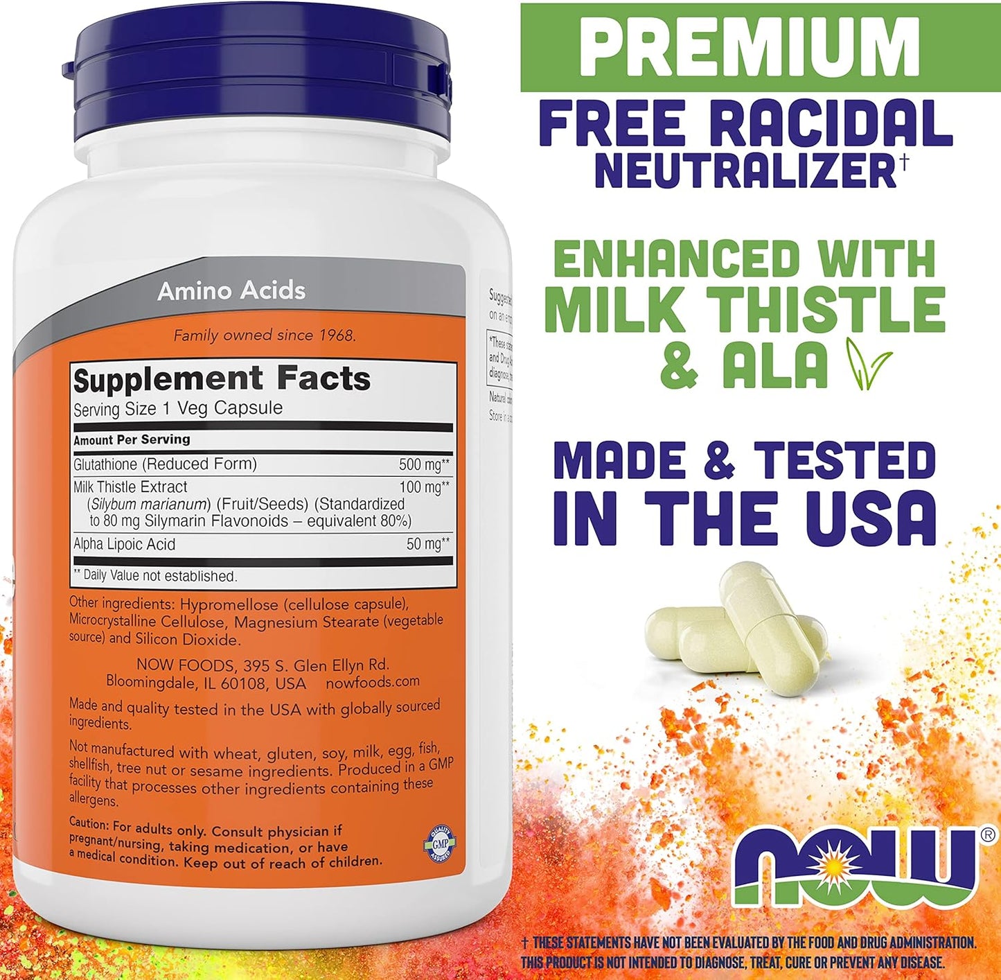NOW Foods Glutathione 500mg Vegan Capsules with Milk Thistle & Alpha Lipoic Acid - GSH Supplement