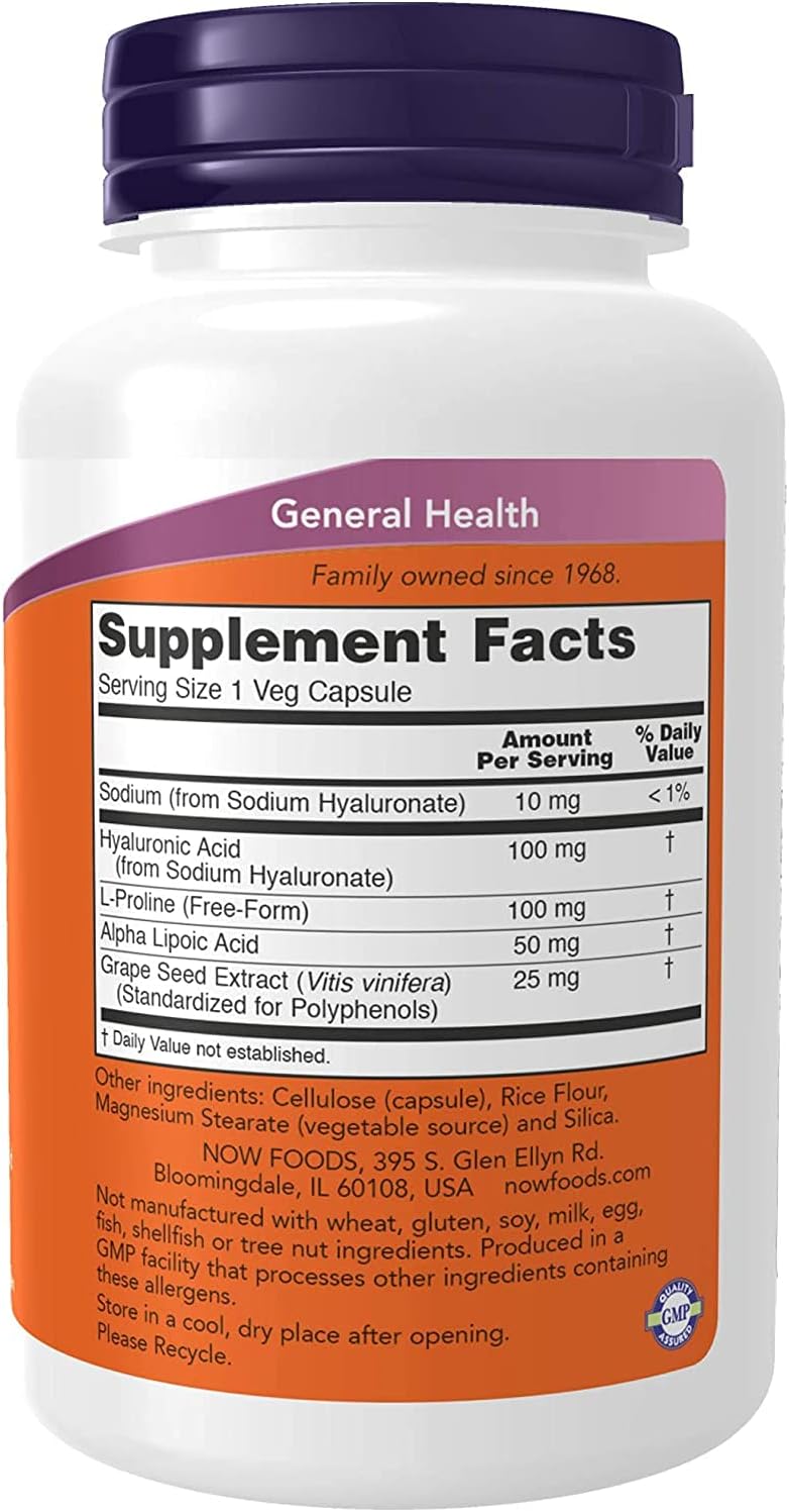 Now Foods Hyaluronic Acid 100mg - 240 Vegan Capsules for Healthy Skin & Joints