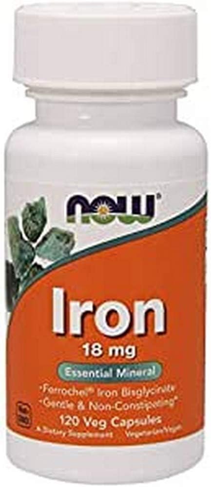 NOW Foods Iron 18 mg - Essential Mineral Supplement - 120 Vegetarian Capsules