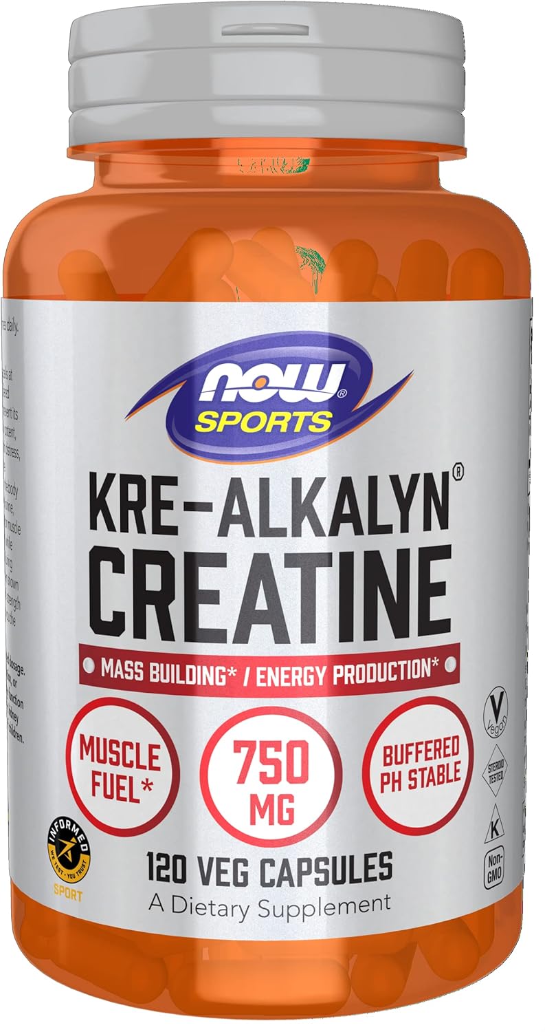 NOW Foods Kre-Alkalyn Creatine 750mg Veg Capsules for Mass Building and Energy Production - 120 Count