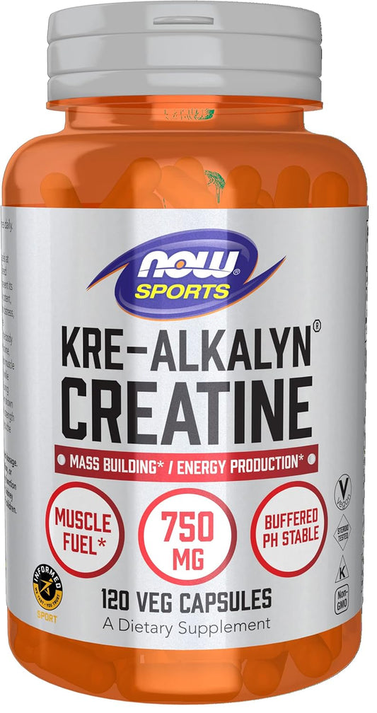 NOW Foods Kre-Alkalyn Creatine 750mg Veg Capsules for Mass Building and Energy Production - 120 Count