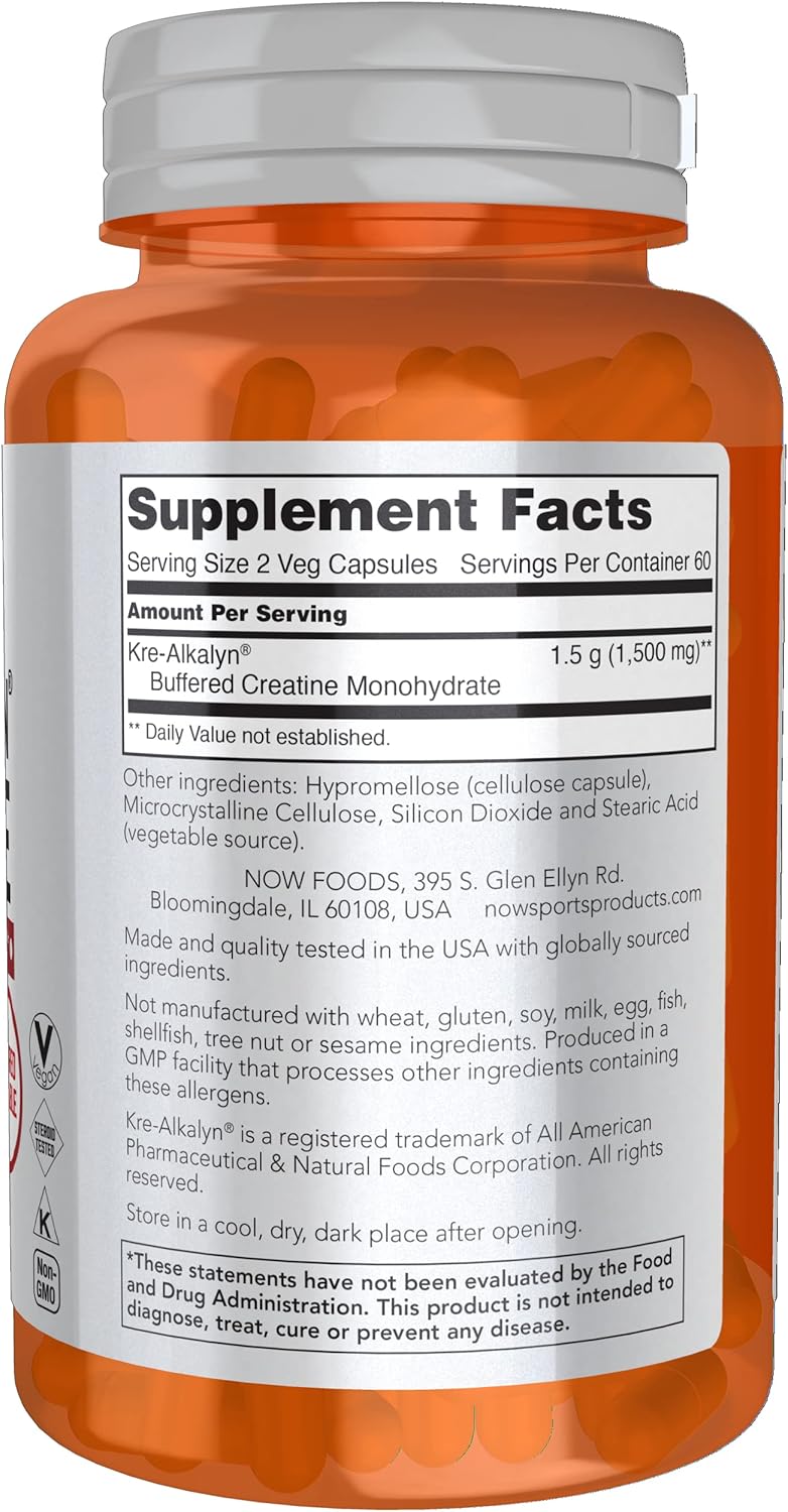 NOW Foods Kre-Alkalyn Creatine 750mg Veg Capsules for Mass Building and Energy Production - 120 Count
