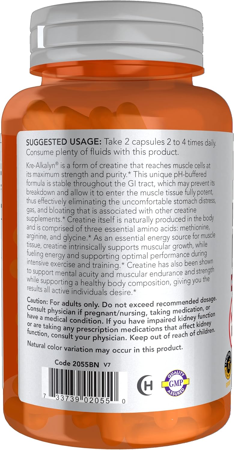 NOW Foods Kre-Alkalyn Creatine 750mg Veg Capsules for Mass Building and Energy Production - 120 Count