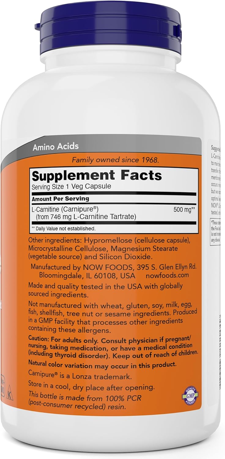 NOW Foods L-Carnitine 500 mg - 240 Veg Capsules x 2 Pack - Energy & Metabolism Support