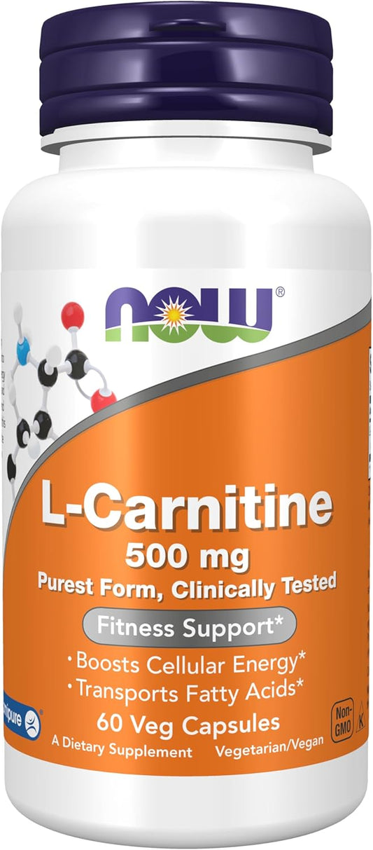 NOW Foods L-Carnitine 500mg Veg Capsules - Purest Form Amino Acid Supplement for Fitness Support - 60 Caps