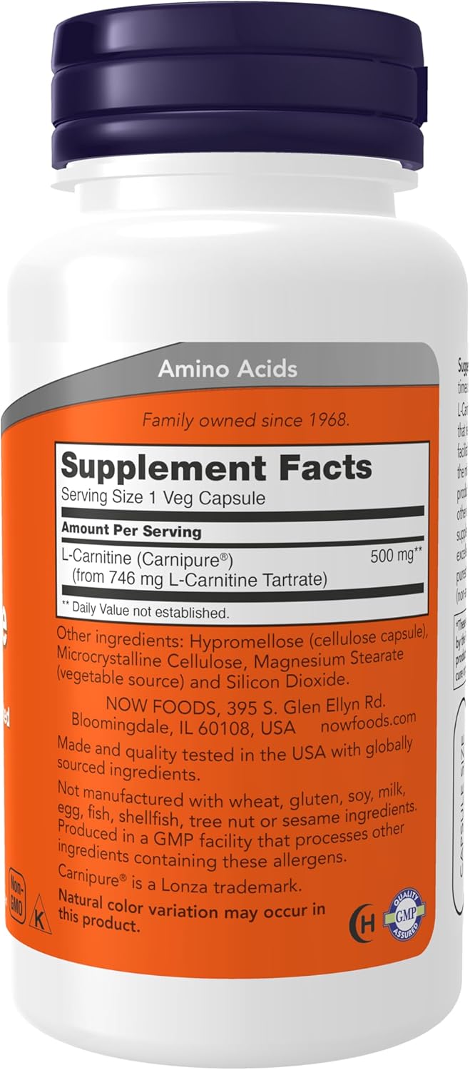 NOW Foods L-Carnitine 500mg Veg Capsules - Purest Form Amino Acid Supplement for Fitness Support - 60 Caps