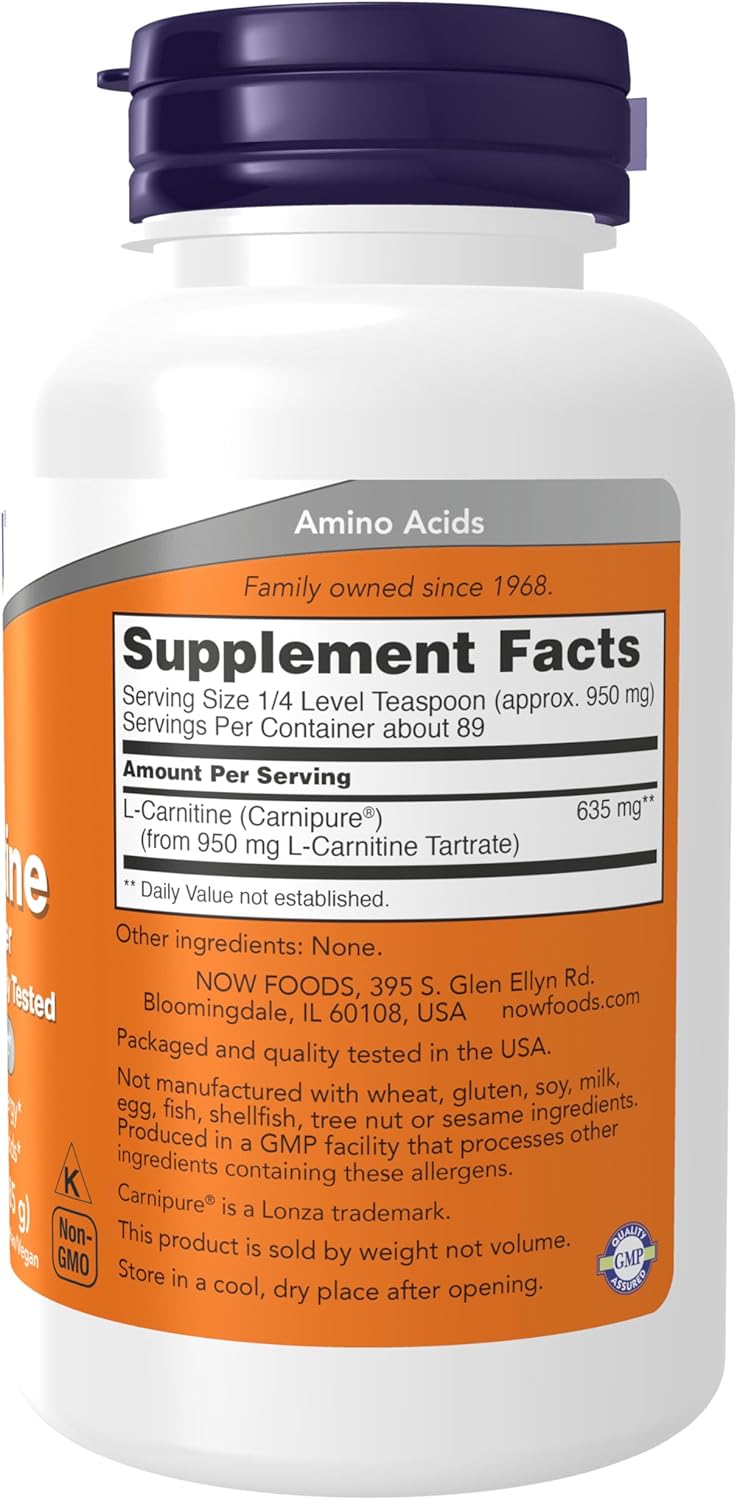 NOW Foods L-Carnitine Tartrate Pure Powder Supplement - Boost Cellular Energy - 3-Ounce Amino Acid Powder