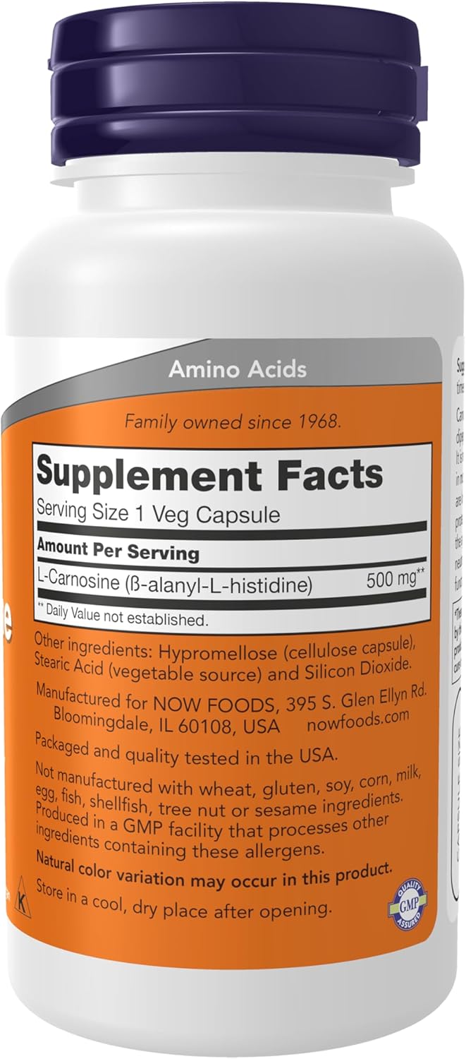 NOW Foods L-Carnosine Supplements 500mg - Promotes Healthy Aging - 50 Veg Capsules