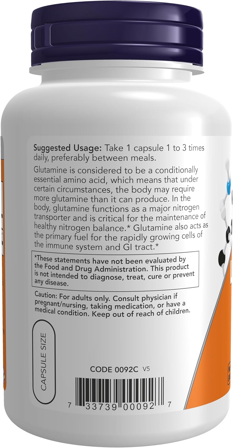 NOW Foods L-Glutamine 500mg Veg Capsules - Nitrogen Transporter for Amino Acid Support