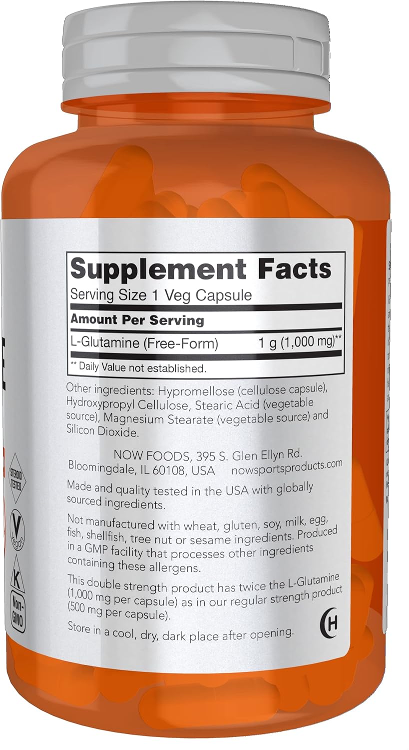 NOW Foods L-Glutamine Double Strength 1,000mg Amino Acid Supplement - 120 Veg Capsules for Sports Nutrition