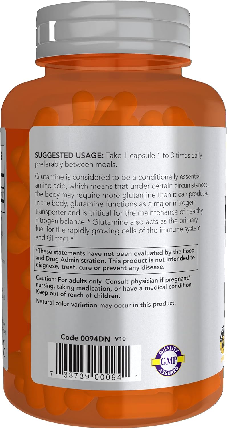 NOW Foods L-Glutamine Double Strength 1,000mg Amino Acid Supplement - 120 Veg Capsules for Sports Nutrition