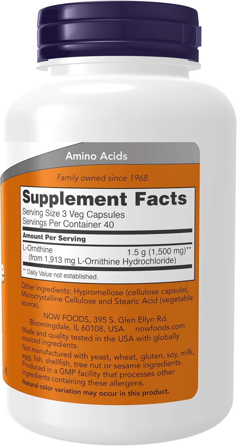 NOW Foods L-Ornithine Hydrochloride 500 mg Amino Acid Supplement - 120 Veg Capsules
