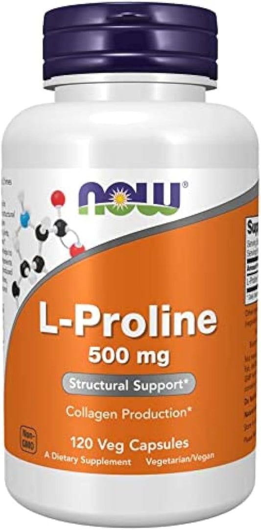 NOW Foods L-Proline 500 mg - 120 Vegetarian Capsules for Joint Health and Collagen Production