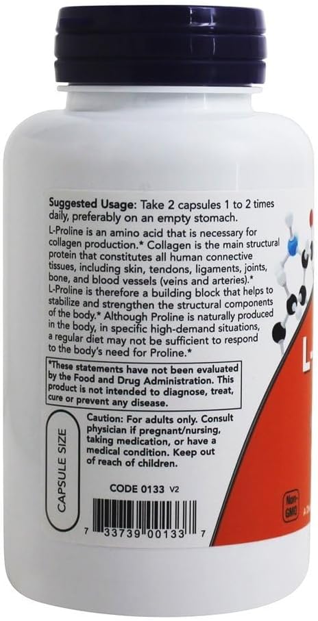 NOW Foods L-Proline 500 mg - 120 Vegetarian Capsules for Joint Health and Collagen Production