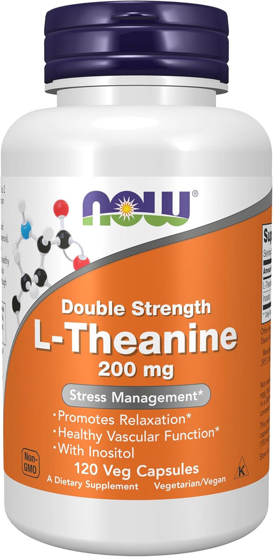 NOW Foods L-Theanine with Inositol 200mg Capsules for Stress Management - 120 Count