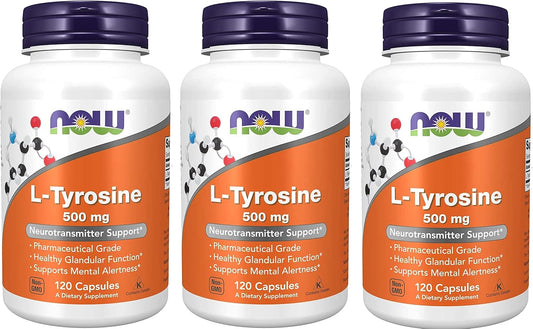 NOW Foods L-Tyrosine 500 mg 120 Capsules - Pack of 3 - Energy and Mental Focus Support Supplement