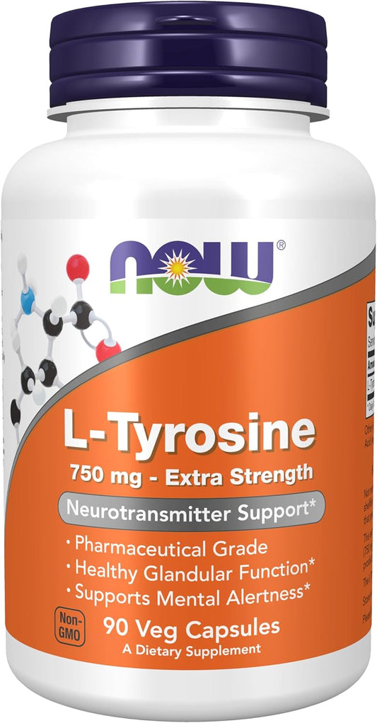 NOW Foods L-Tyrosine 750 mg Supplement for Mental Alertness and Neurotransmitter Support - 90 Veg Capsules