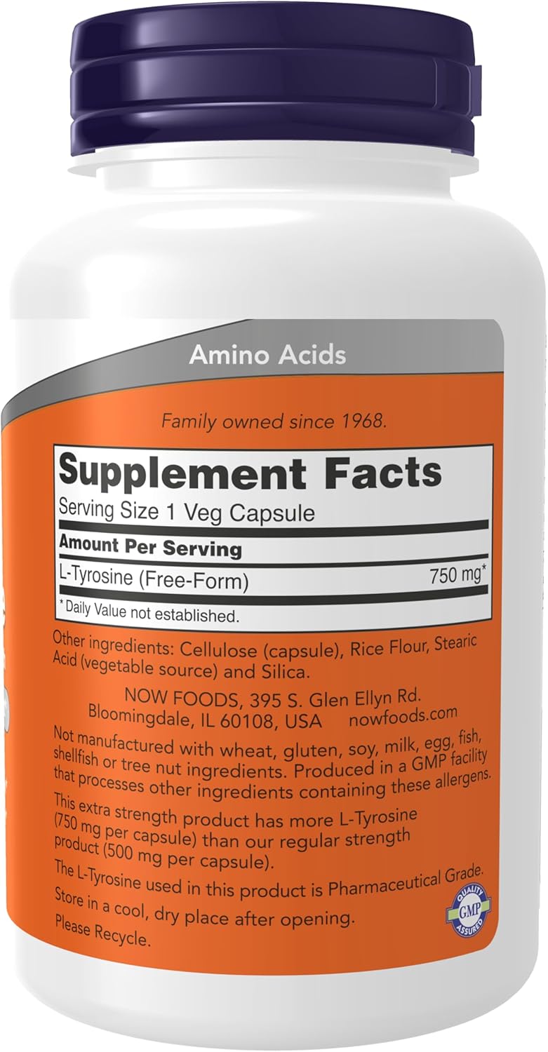 NOW Foods L-Tyrosine 750 mg Supplement for Mental Alertness and Neurotransmitter Support - 90 Veg Capsules