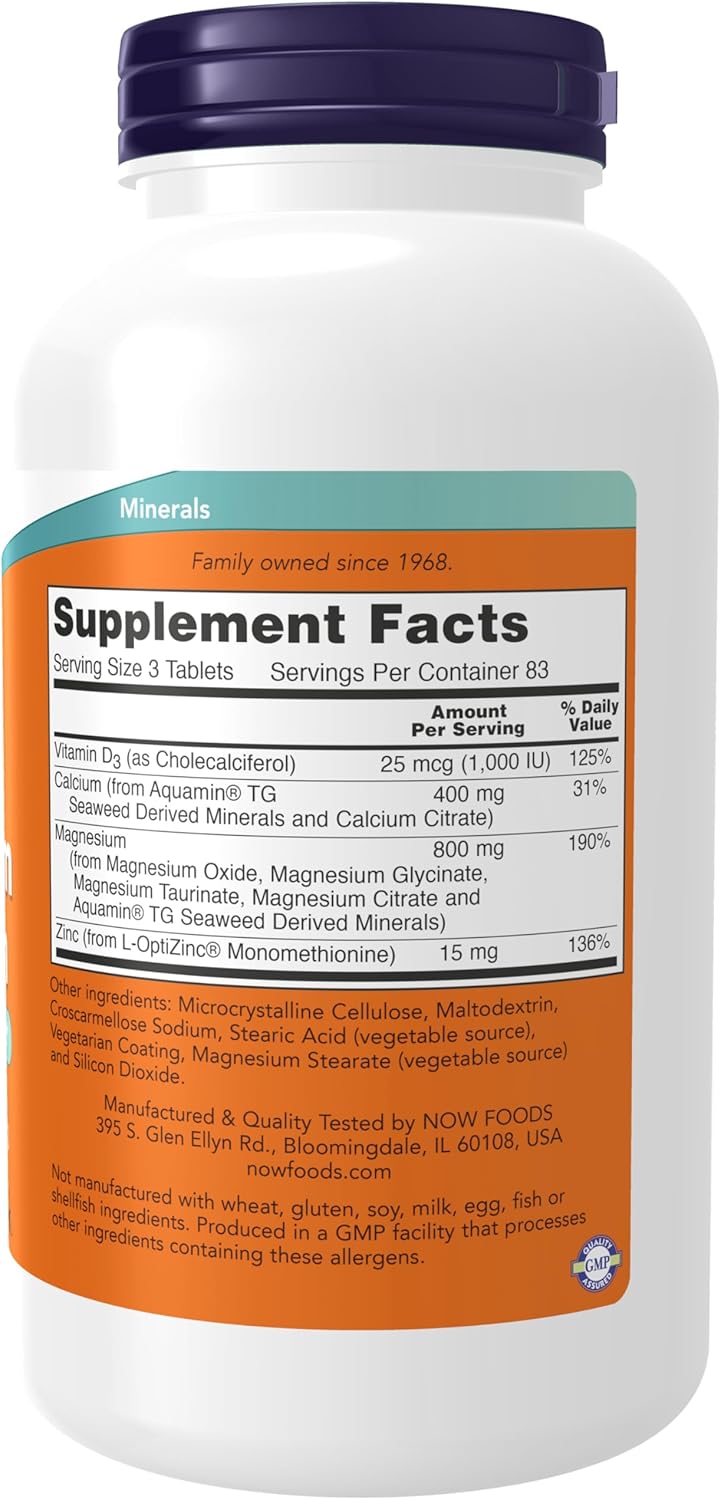 NOW Foods Magnesium & Calcium Supplement with Zinc and Vitamin D-3 for Nerve and Bone Support - 250 Tablets