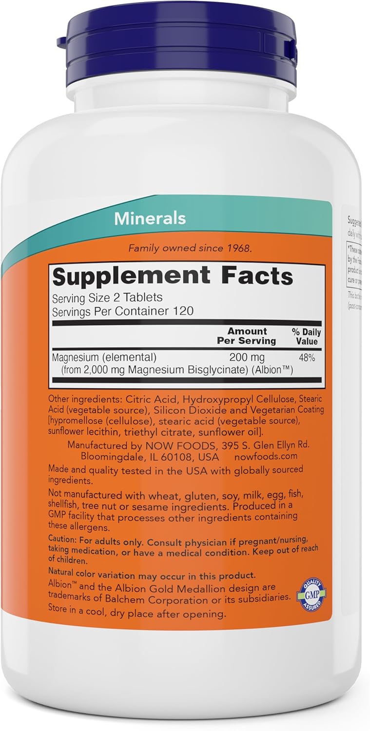 Now Foods Magnesium Glycinate Tablets - Promotes Healthy Muscle and Nerve Function - 240 Count Non-GMO Formula