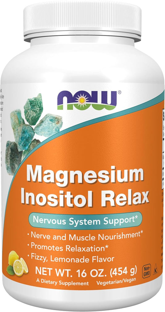NOW Foods Magnesium Inositol Powder Supplement for Relaxation and Nervous System Support - Fizzy Lemonade Flavor, 16-Ounce