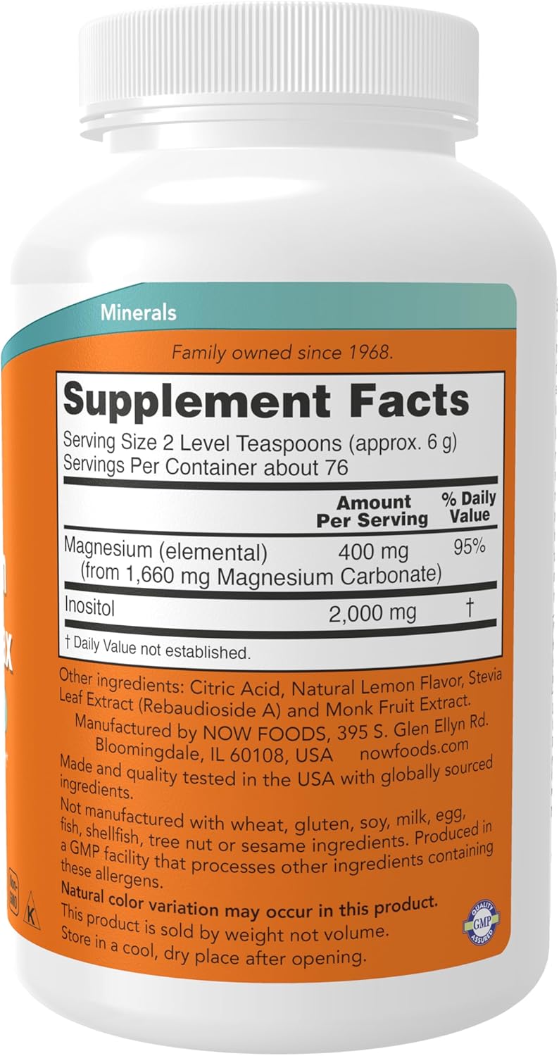 NOW Foods Magnesium Inositol Powder Supplement for Relaxation and Nervous System Support - Fizzy Lemonade Flavor, 16-Ounce
