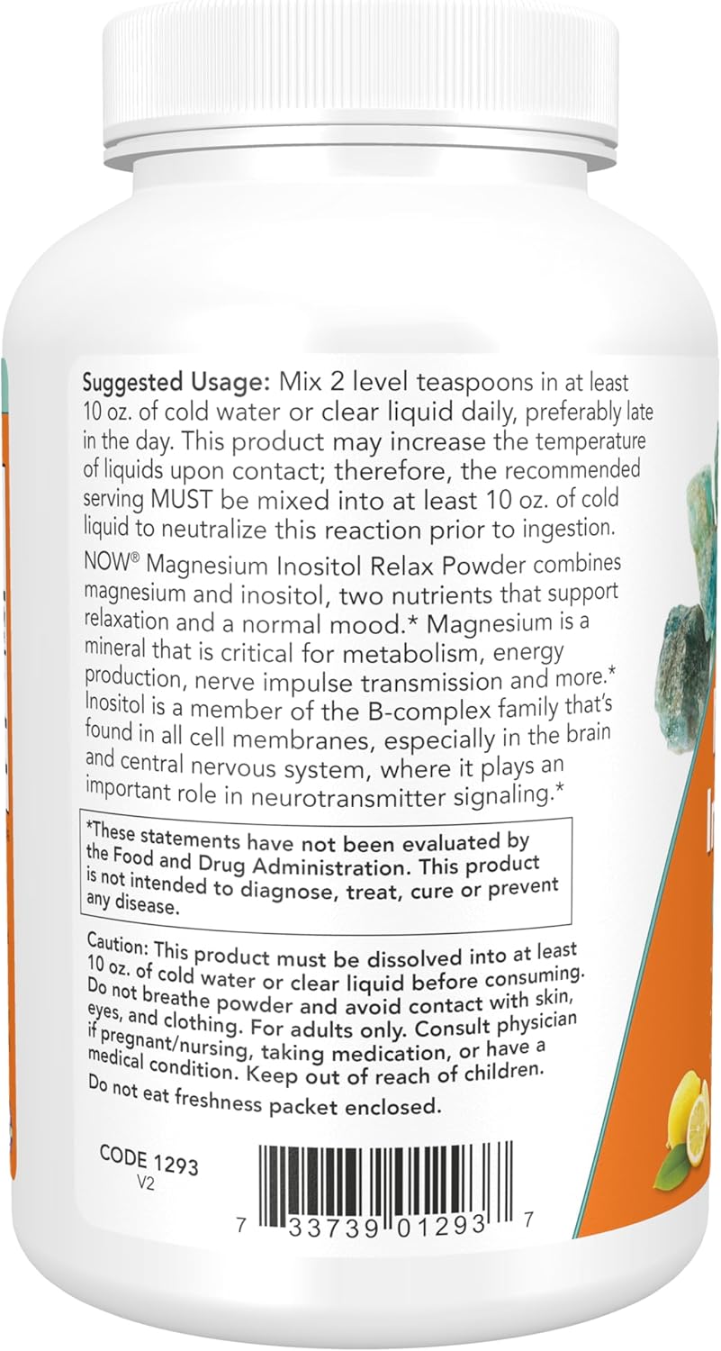 NOW Foods Magnesium Inositol Powder Supplement for Relaxation and Nervous System Support - Fizzy Lemonade Flavor, 16-Ounce