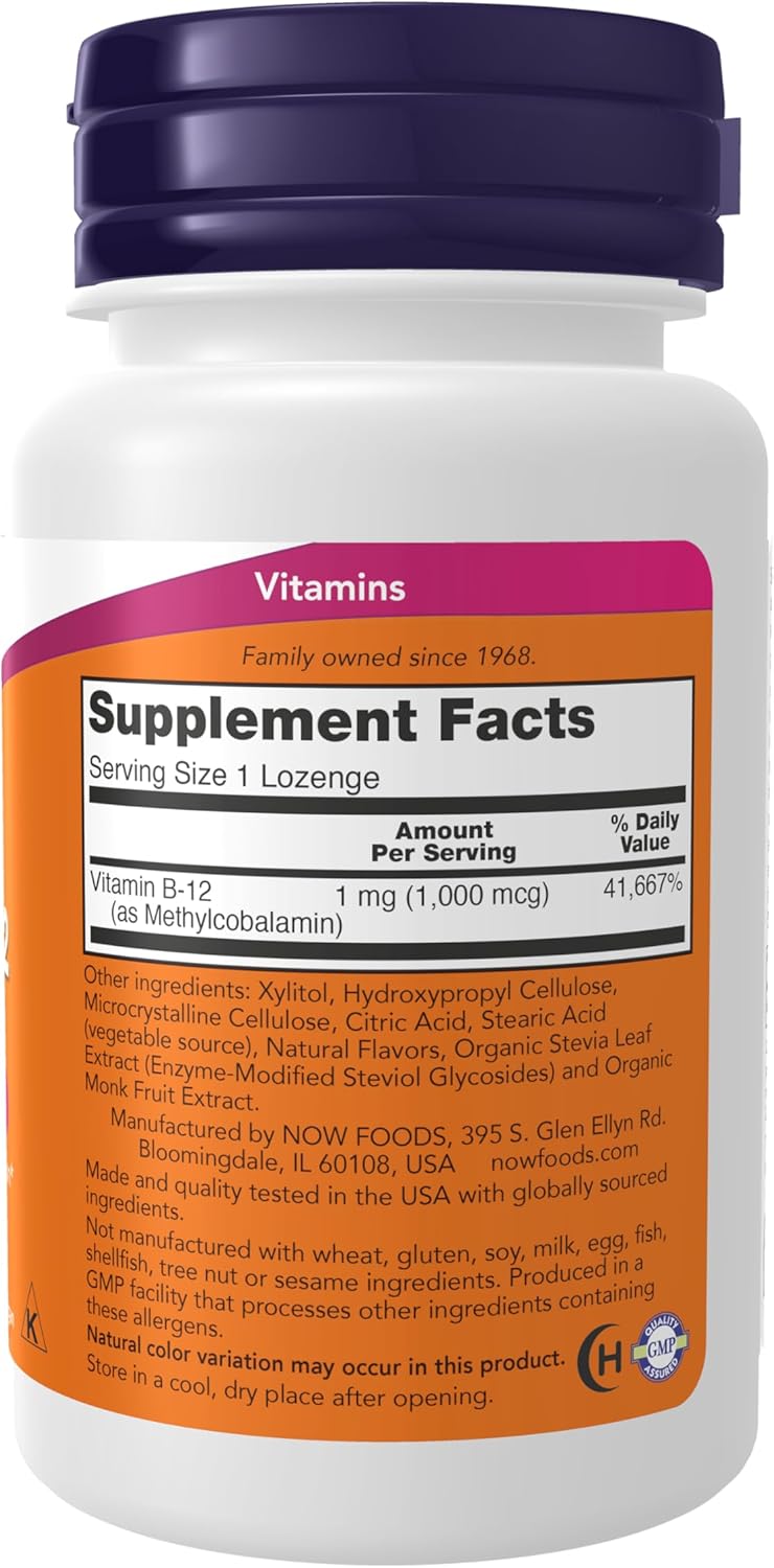 NOW Foods Methyl B-12 (Methylcobalamin) 1,000 mcg Lozenges for Nervous System Health - 100 Count