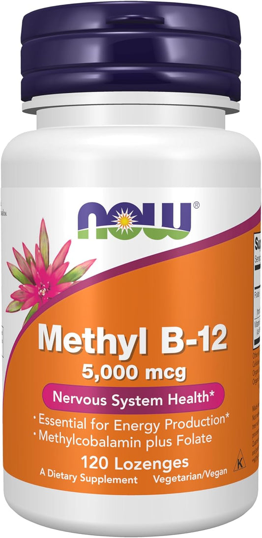 NOW Foods Methyl B-12 (Methylcobalamin) 5,000 mcg Lozenges for Nervous System Health - 120 Count