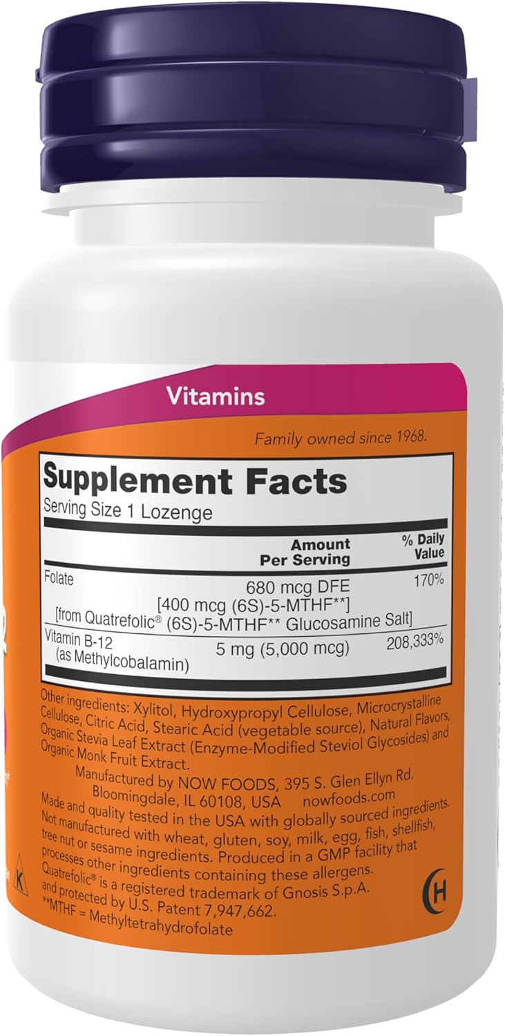 NOW Foods Methyl B-12 (Methylcobalamin) 5,000 mcg Lozenges for Nervous System Health - 120 Count