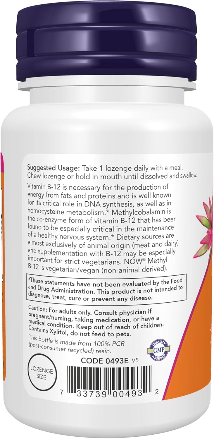 NOW Foods Methyl B-12 (Methylcobalamin) 5,000 mcg Lozenges for Nervous System Health - 120 Count