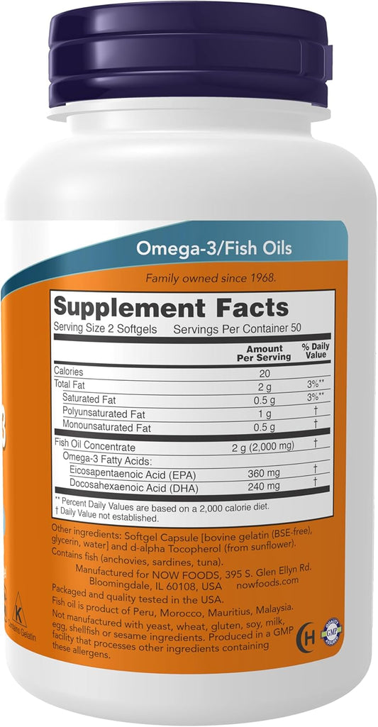 NOW Foods Omega-3-200 Softgels - Value Pack of 2 - High Quality Fish Oil Supplement for Heart Health and Brain Function