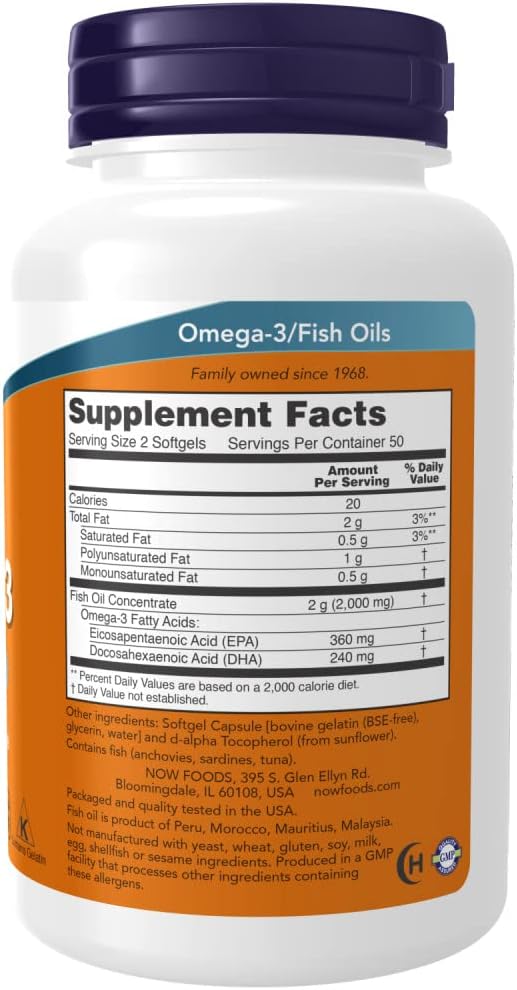 NOW Foods Omega-3 2000mg Softgels, 200 Count (Pack of 2) - High Potency Fish Oil Supplement