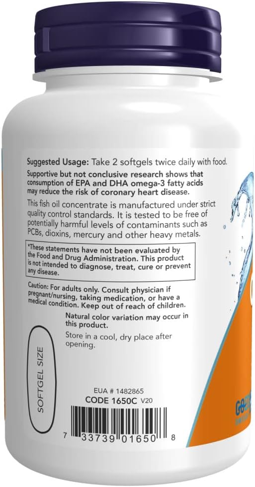 NOW Foods Omega-3 2000mg Softgels, 200 Count (Pack of 2) - High Potency Fish Oil Supplement