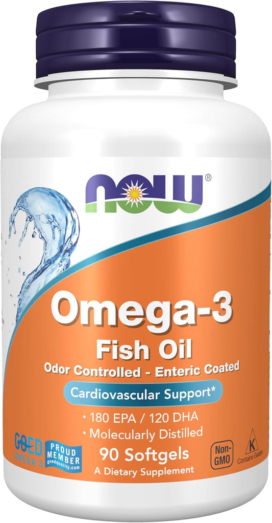 NOW Foods Omega-3 Enteric Coated Softgels, 180 EPA / 120 DHA, Cardiovascular Support, 90 Count