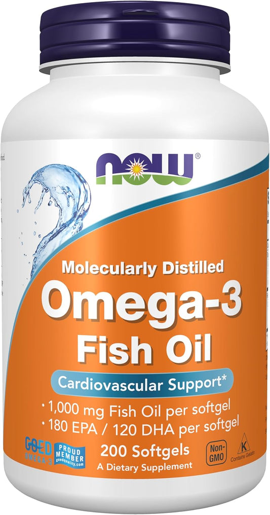 NOW Foods Omega-3 EPA/DHA Supplements, Molecularly Distilled, Cardiovascular Support - 200 Softgels