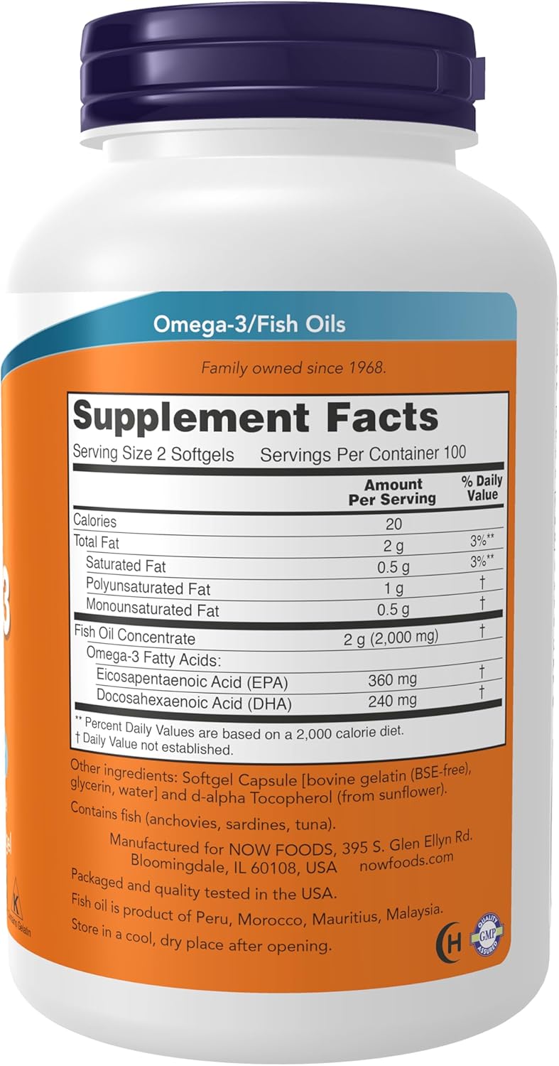 NOW Foods Omega-3 EPA/DHA Supplements, Molecularly Distilled, Cardiovascular Support - 200 Softgels