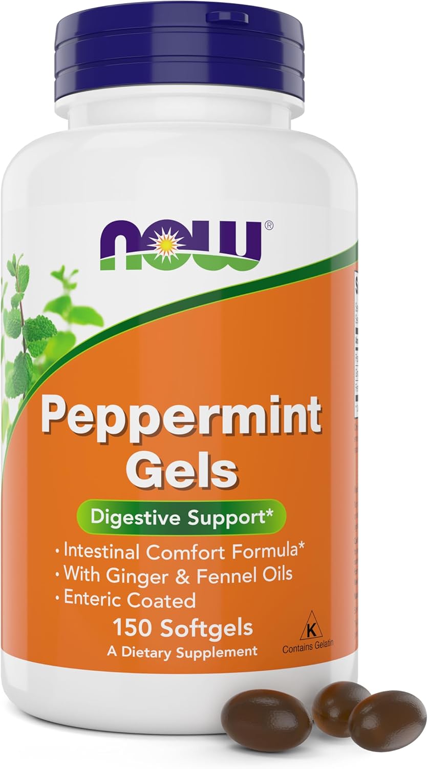 NOW Foods Peppermint Gels with Ginger and Fennel Oil, 150 Enteric Coated Softgels