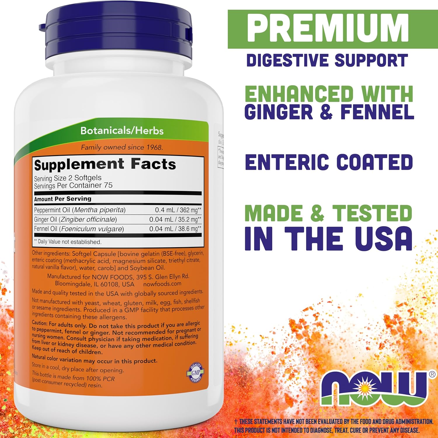 NOW Foods Peppermint Gels with Ginger and Fennel Oil, 150 Enteric Coated Softgels
