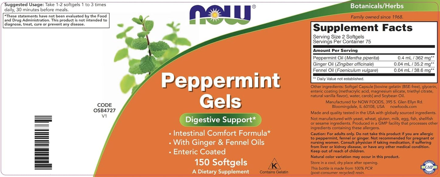 NOW Foods Peppermint Gels with Ginger and Fennel Oil, 150 Enteric Coated Softgels